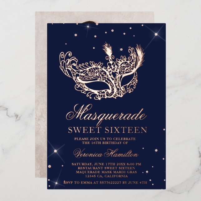 Masquerade Rose Gold Glitzer Maske Sweet 16 Foto Folieneinladung (Vorderseite/Rückseite)