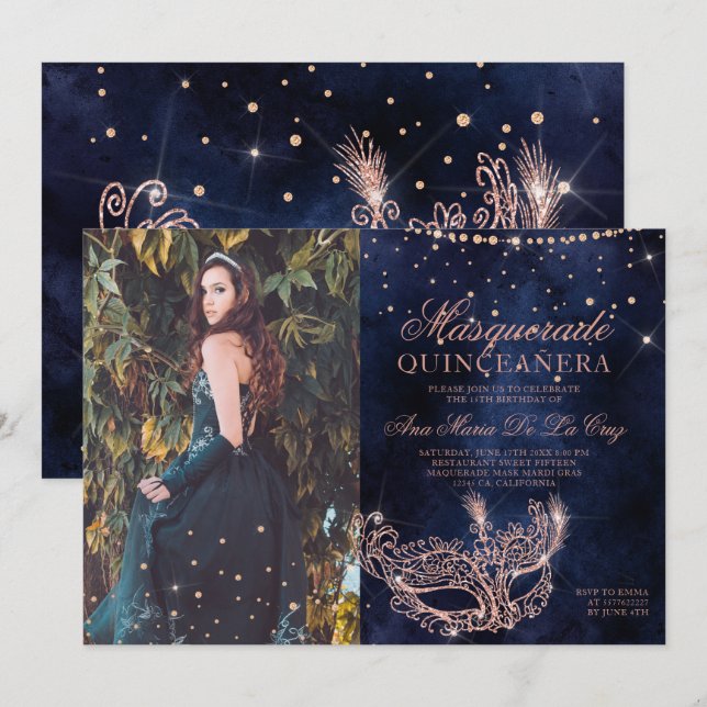 Masquerade Rose Gold Glitzer Quinceanera Foto Einladung (Vorne/Hinten)
