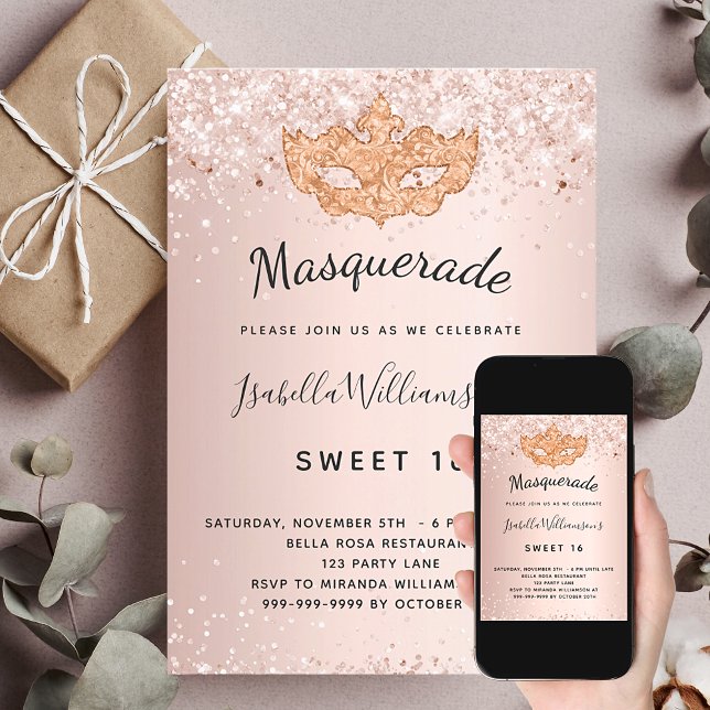 Masquerade Rose Gold Glitzer Staub Sweet 16 Einladung (Von Creator hochgeladen)