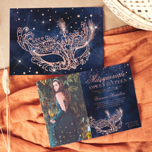 Masquerade Rose Gold Glitzer Sweet 16 Foto Einladung (Von Creator hochgeladen)