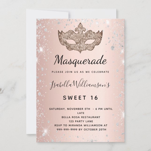 Masquerade Rose Gold silber Glitzer Staub Sweet 16 Einladung (Vorderseite)