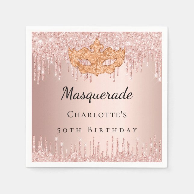 Masquerade Rose Gold Tropfen Geburtstagsparty Serviette (Vorderseite)