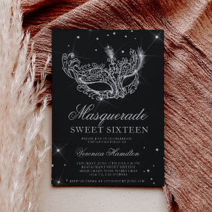 Masquerade Schwarz-Silber-Glitzer Maske Sweet 16 Einladung