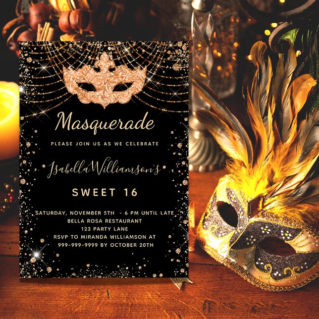 Masquerade schwarzer Glitzer Sweet 16 Luxus Einladung (Von Creator hochgeladen)