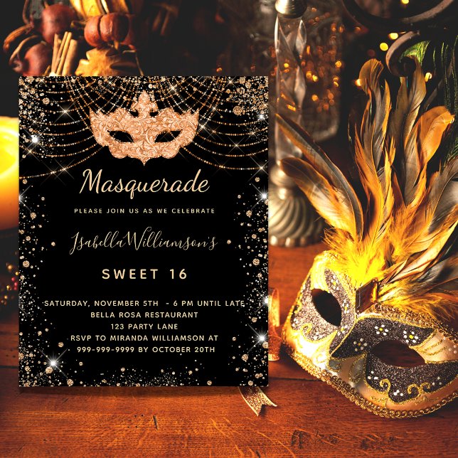 Masquerade schwarzes Gold Sweet 16 Haushaltseinlad Flyer (Von Creator hochgeladen)