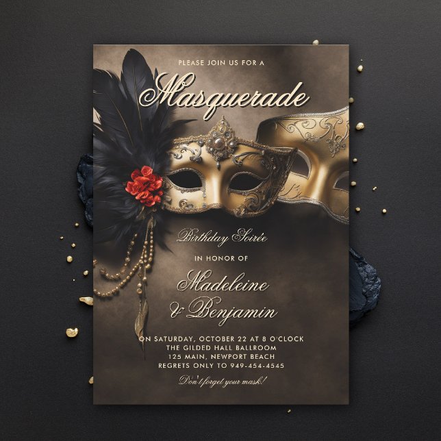 Masquerade Soiree Venezianische Masken Duo 50. Geb Einladung (masquerade invitation couple soiree venetian masks duo birthday party moody black brown gold elegant)