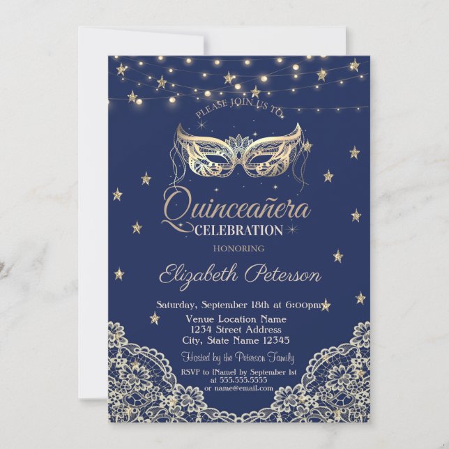 Masquerade, Streichlichter, Spitzen, Stars Quincea Einladung (Vorderseite)
