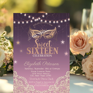 Masquerade, String Lights, Lace Sweet 16 Einladung