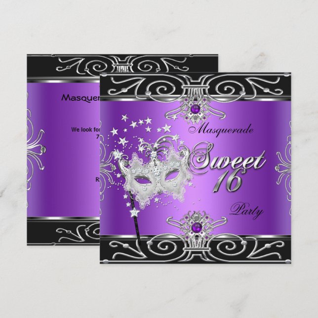 Masquerade Sweet 16 16 Geburtstag Lila Schwarz Einladung (Vorne/Hinten)