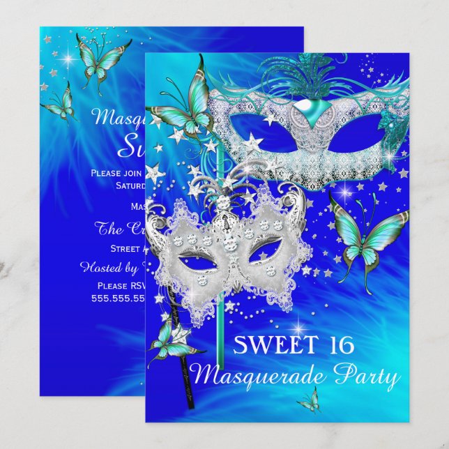 Masquerade Sweet 16 Aquamarin Blue Diamond Maske Einladung (Vorne/Hinten)