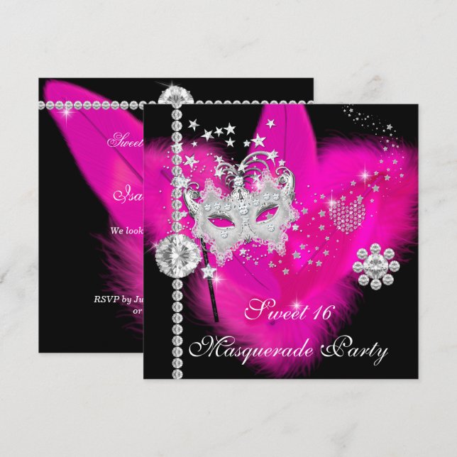 Masquerade Sweet 16 Hot Pink Black Feather Maske Einladung (Vorne/Hinten)