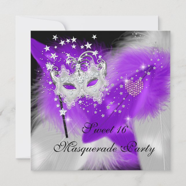 Masquerade Sweet 16 Lila weiße Federmaske Einladung (Vorderseite)