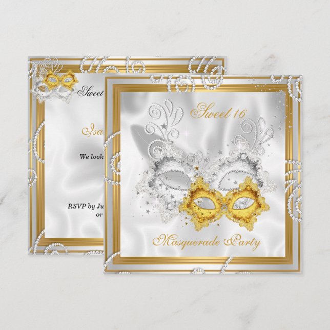 Masquerade Sweet 16 Party Maske Silver Gold 2 Einladung (Vorne/Hinten)