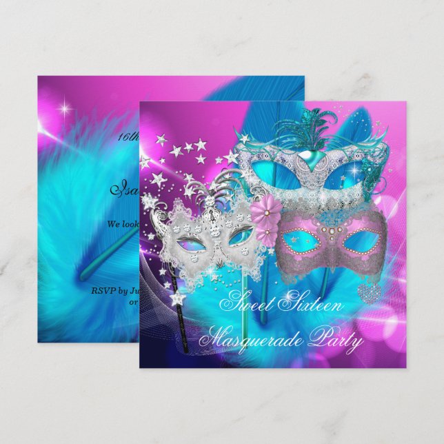 Masquerade Sweet 16 Rosa Lila Aquamarine Maske Einladung (Vorne/Hinten)