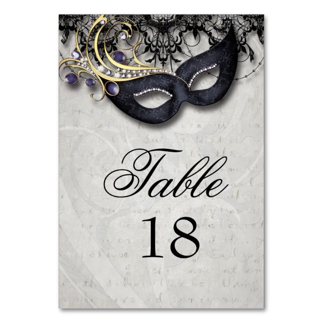 Masquerade Tafelkarte mit schwarzer Juwelenmaske Tischnummer (Vorderseite)