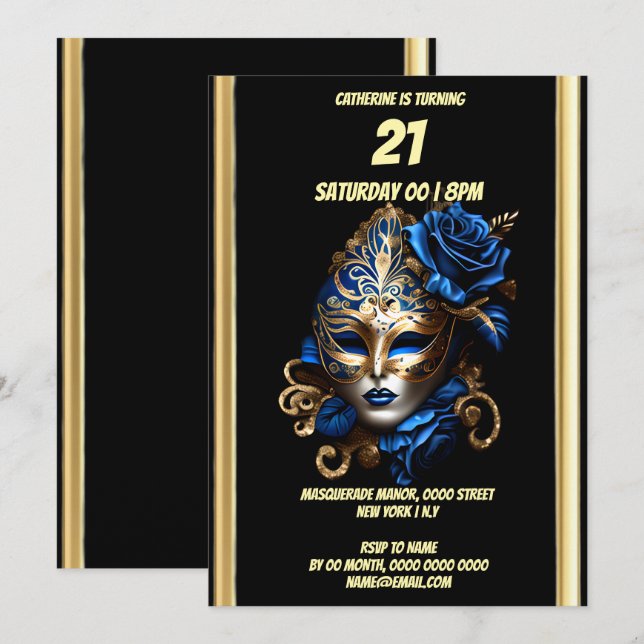 Masquerade Thema Karneval Blau Goldmaske maskiert Einladung (Vorne/Hinten)