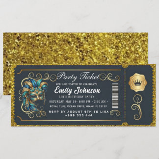 Masquerade Ticket Birthday Invitation Teal Gold Einladung