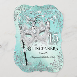 Masquerade Turquoise Silver Quinceanera Invitation