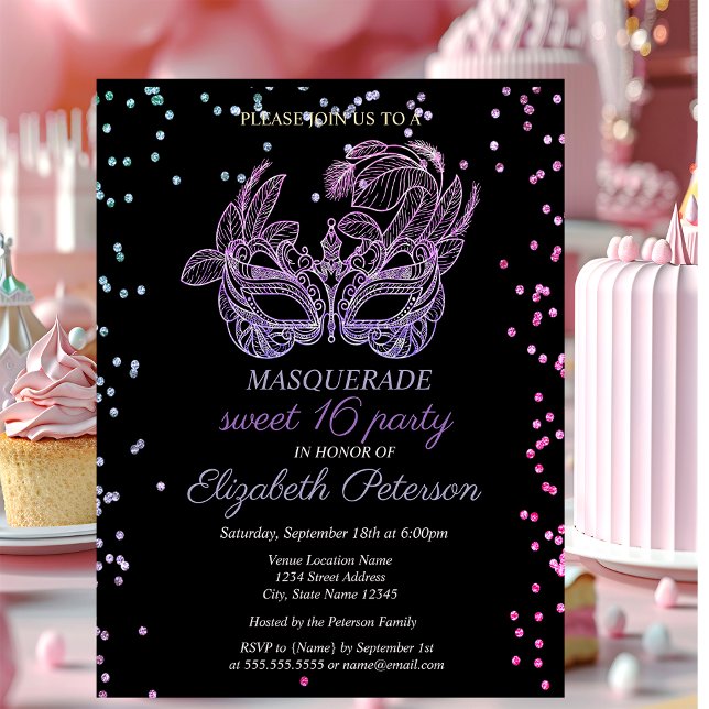 Masquerade Violet Diamonds, Masque Sweet 16 Einladungspostkarte (Von Creator hochgeladen)