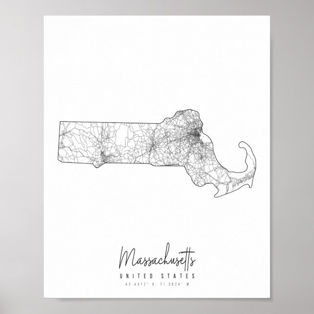 Massachusetts Minimal Street Karte Poster (Vorne)