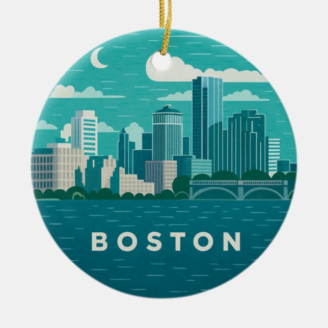 Massachusetts Night Cityscape | Boston City Keramik Ornament (Vorne)