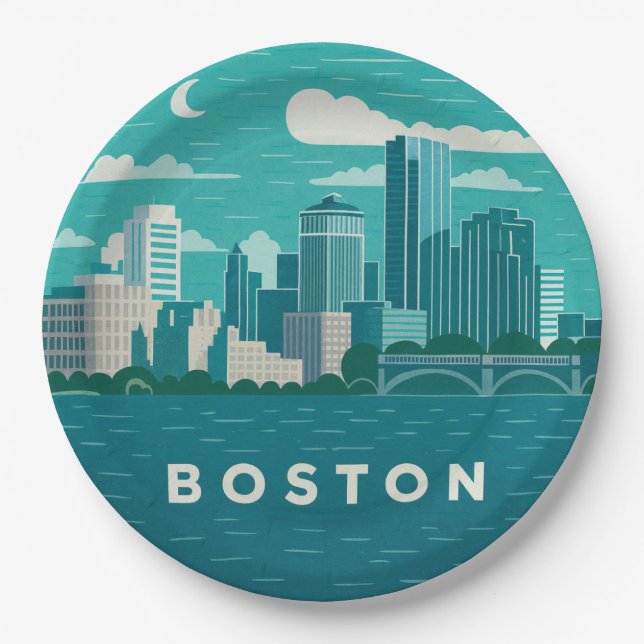 Massachusetts Night Cityscape | Boston City Pappteller (Vorderseite)