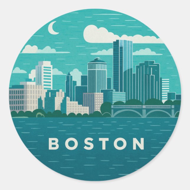 Massachusetts Night Cityscape | Boston City Runder Aufkleber (Vorderseite)