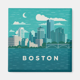Massachusetts Night Cityscape | Boston Skyline Art Magnet
