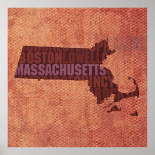 Massachusetts Staat Kontur Word Karte auf Leinwand Poster