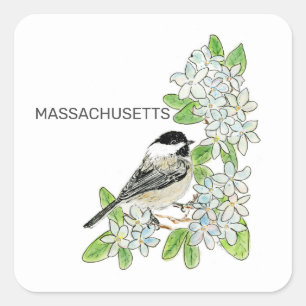 Massachusetts Vogel und Blume Quadratischer Aufkleber