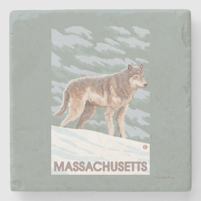 MassachusettsWolf Szene Steinuntersetzer (Vorderseite)