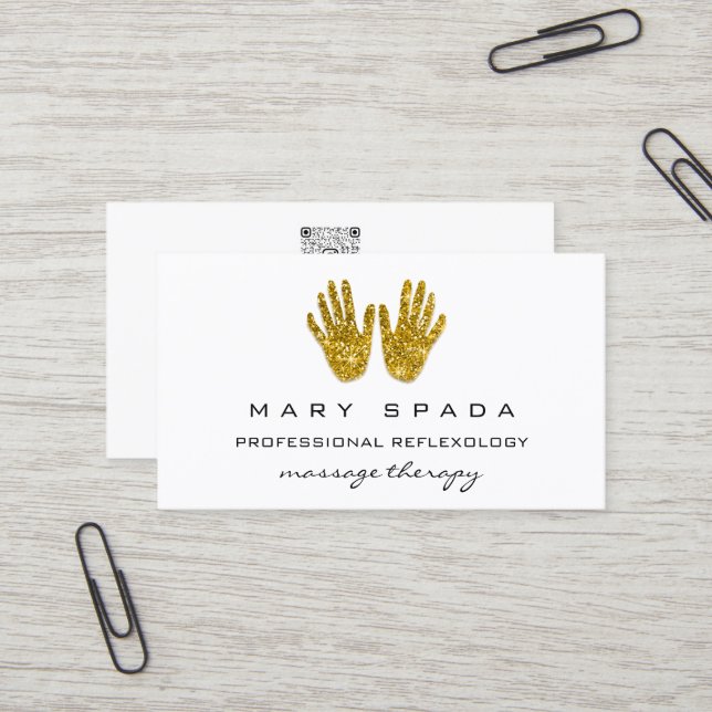 Massage Reflexologie Glitzer Hands WhiteGold QRCOD Visitenkarte (Vorderseite/Rückseite Beispiel)
