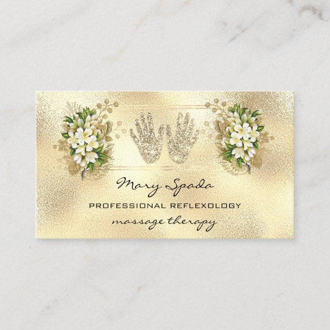 Massage Reflexologie Reiki Hands Gold QRCode Flora Visitenkarte (Vorderseite)