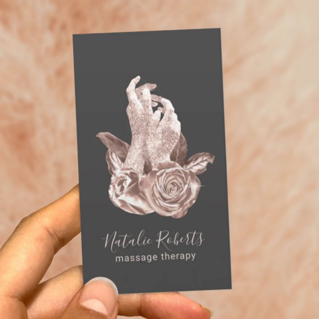 Massage Therapie Elegante Rose Gold Hände & Blume Visitenkarte (Von Creator hochgeladen)