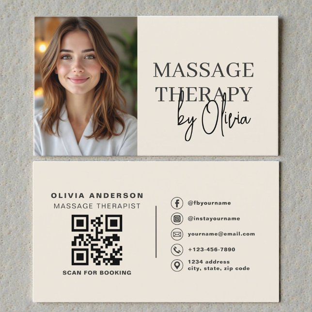 Massage Therapist Neutral Beige Photo QR Code Visitenkarte (Von Creator hochgeladen)