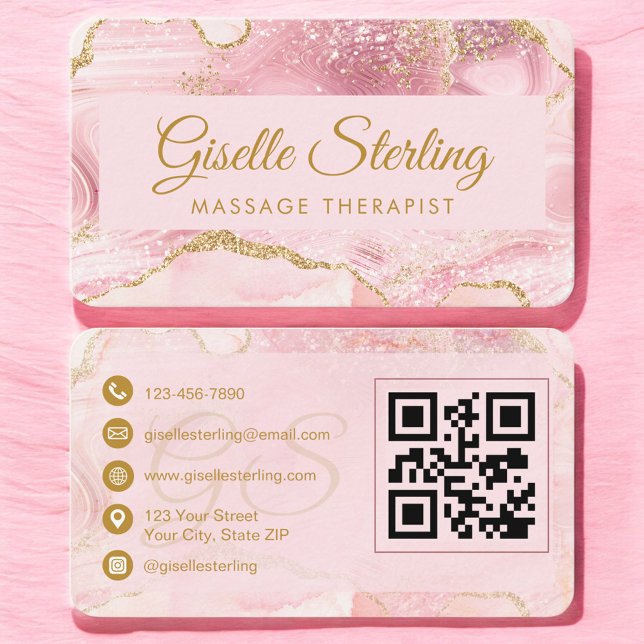 Massage Therapist Pink Gold Agate QR Code Visitenkarte (Von Creator hochgeladen)