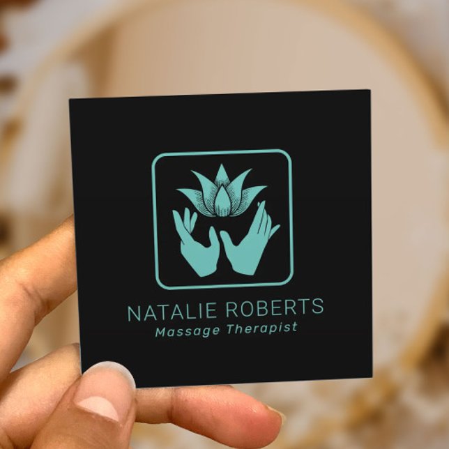Massage Therapy Aquamarin Healing Hands & Lotus Bl Quadratische Visitenkarte (Von Creator hochgeladen)