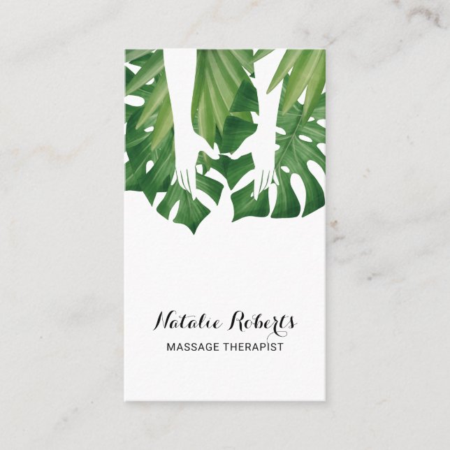 Massage Therapy Heilung Hände Tropische Blätter We Visitenkarte (Vorderseite)