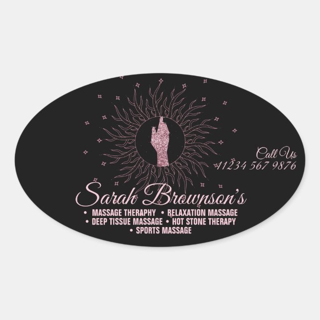 Massage Therapy Pink Black Script Heilung Hände. Ovaler Aufkleber (Vorderseite)