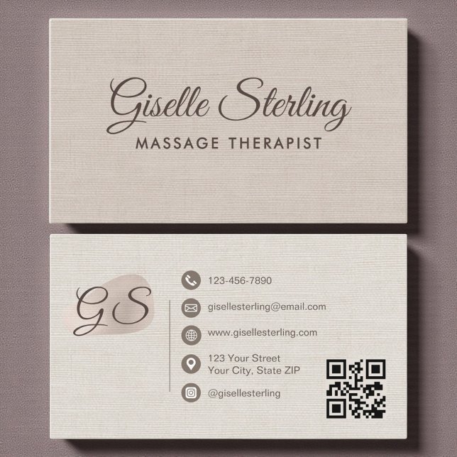 Massagetherapeut Beige Leinen Eleganter QR-Code Visitenkarte (Von Creator hochgeladen)