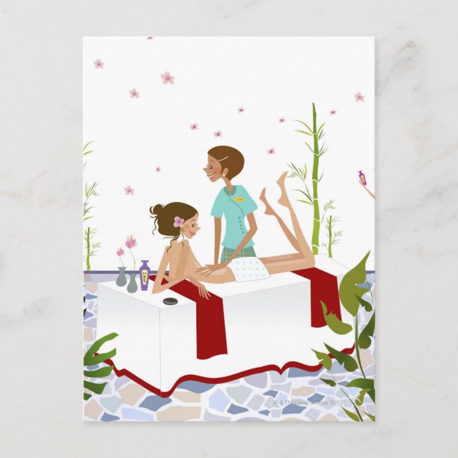 Massagetherapeut massiert eine Frau auf einer Postkarte (Vorderseite)