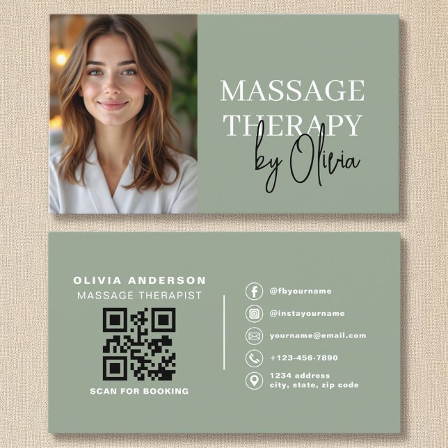 Massagetherapeut QR Code Sage Green Foto Visitenkarte (Von Creator hochgeladen)