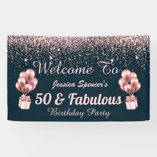 Maßgeschneiderte 50 und fabelhafte Rose Gold Gebur Banner (Horizontal)