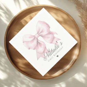 Maßgeschneiderte Aquarellfarbe Rosa Bow 1. Geburts Serviette