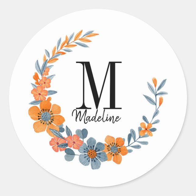 Maßgeschneiderte Bläsermonogramm-Blume Runder Aufkleber (Vorderseite)
