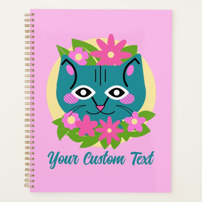 Maßgeschneiderte blaue Katze mit rosa Blume Planer (Vorderseite)