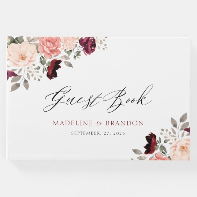 Maßgeschneiderte Burgundy Blush Floral Wedding Gästebuch (Vorderseite)