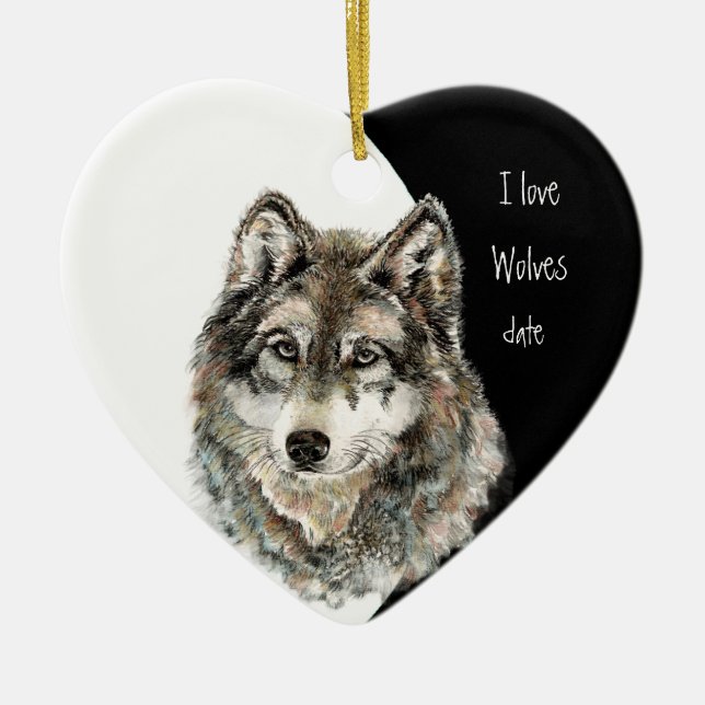 Maßgeschneiderte Daten in Liebe Wölfe, Aquarelltie Keramik Ornament (Vorne)