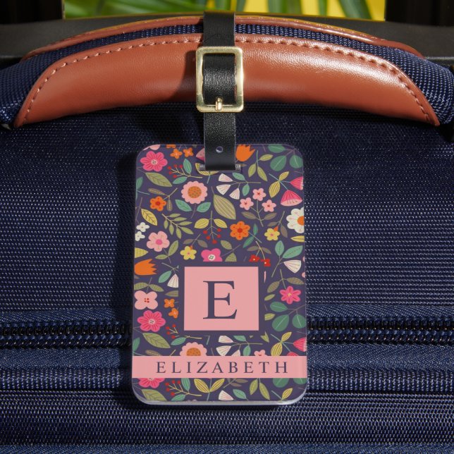 Maßgeschneiderte Dunkelblau-Blüten-Multicolor-Blum Gepäckanhänger (Vorderseite Insitu 2)