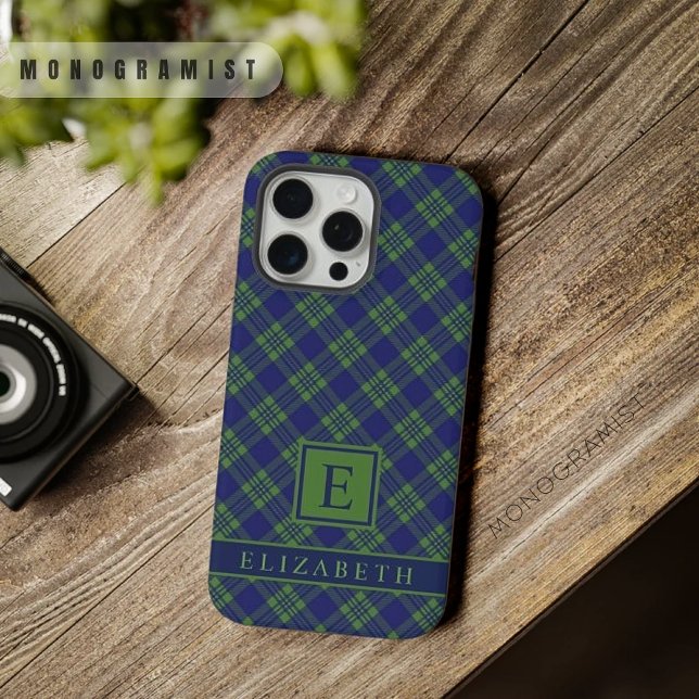 Maßgeschneiderte Dunkelblau-grün iPhone 15 Pro Max Hülle (Customizable Dark Navy Blue Green Checkered iPhone Case)